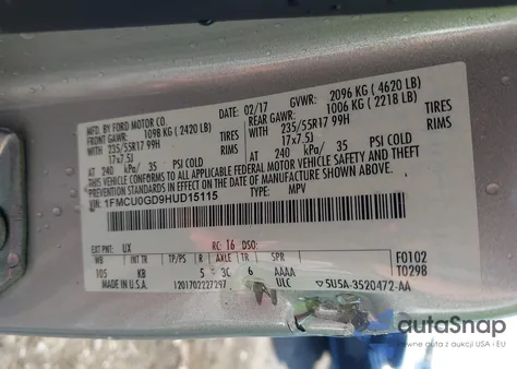 2017 Ford Escape Se from USA, damaged, VIN 1FMCU0GD9HUD15115